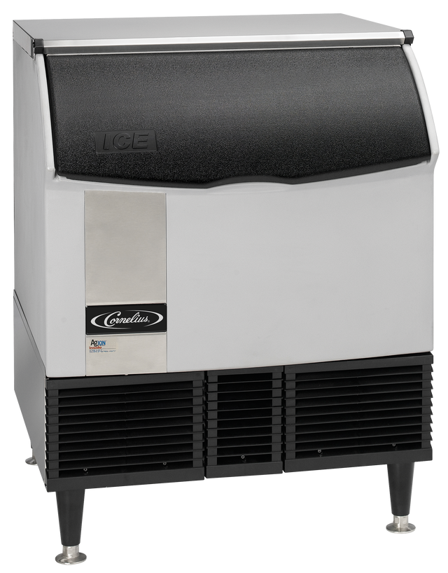 A stainless steel ice maker with black side vents, four short legs, and a curved black door labeled ICE. The front panel displays a Cornelius logo and a small colorful sticker. It’s ideal as an under counter ice maker for full-size ice cubes.