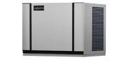 A rectangular, silver air-cooled Modular Ice Maker with black trim and a grated vent on the right side, set against a plain white background. It produces half-size cubes and features a small, dark logo on the top left of the front panel.