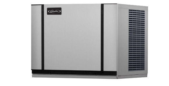 A rectangular, silver air-cooled Modular Ice Maker with black trim and a grated vent on the right side, set against a plain white background. It produces half-size cubes and features a small, dark logo on the top left of the front panel.
