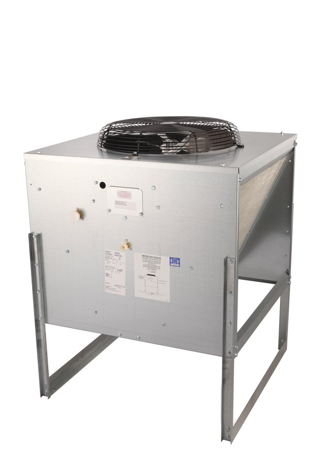 A square, metal Nordic Remote Condenser CCM0630R HVAC unit with a grated fan on top and mounting legs, shown against a white background. Cornelius labels and control knobs are visible on the front panel. The design suits commercial cooling systems.