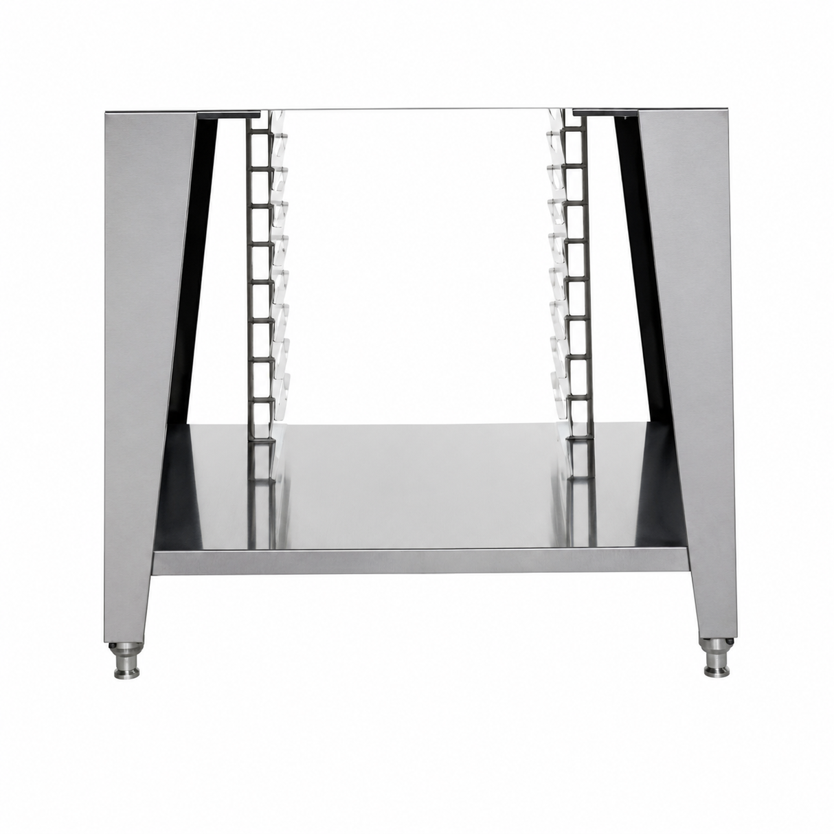 A stainless steel equipment stand with four legs, angled sides, and adjustable rack supports features multiple horizontal slots for trays or pans. The plain white background highlights this clean, modern commercial kitchen stand.