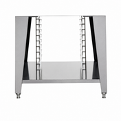 A stainless steel equipment stand with four legs, angled sides, and adjustable rack supports features multiple horizontal slots for trays or pans. The plain white background highlights this clean, modern commercial kitchen stand.