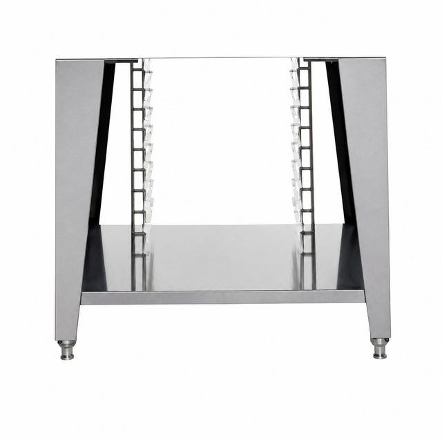 A stainless steel equipment stand with four legs, angled sides, and adjustable rack supports features multiple horizontal slots for trays or pans. The plain white background highlights this clean, modern commercial kitchen stand.
