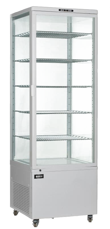 A tall, silver Omcan USA refrigerated display case with a 500 liter capacity features five wire shelves, clear glass sides and front door, a left-side handle, vented bottom section, and small wheels. The fridge is empty and set against a plain background.