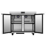 A stainless steel Atosa USA commercial refrigerator with two open glass doors reveals two spacious shelves inside. Fans and a digital control panel are visible at the back for cooling. The unit stands on four sturdy wheels for mobility.