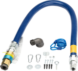 A blue gas flex hose with metal fittings is coiled in an arc. Accessories include a metal elbow joint, quick disconnect, two carabiner clips, a blue cable restraining device, an eye bolt, screws, wall plugs, washers, and a small mounting bracket.