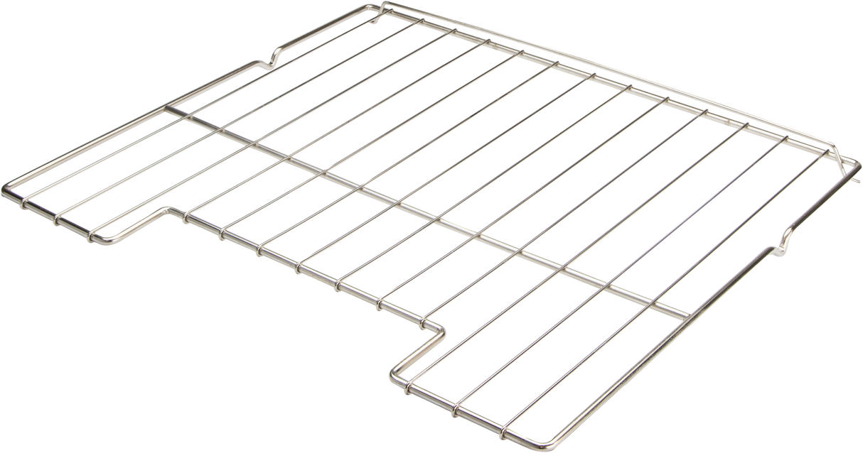 A shiny, metallic Vulcan oven rack with a rectangular shape and multiple parallel bars fits securely inside VC6 models, supported by thicker wires on the edges and notched at the front sides for stability.