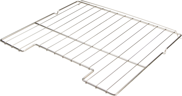 A shiny, metallic Vulcan oven rack with a rectangular shape and multiple parallel bars fits securely inside VC6 models, supported by thicker wires on the edges and notched at the front sides for stability.