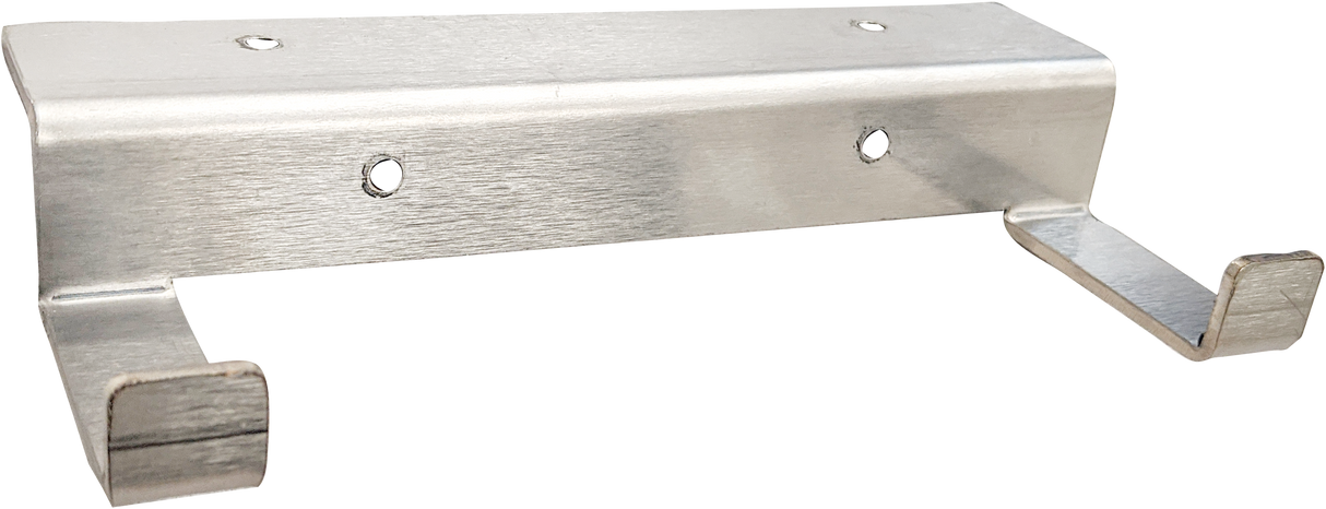 A metallic wall-mounted Wolf RACK HANGRV steel rack hanger with a brushed finish, featuring two protruding hooks at the bottom and two mounting holes at the top—ideal for secure commercial kitchen storage. The upturned ends keep items firmly in place.