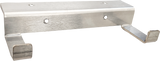A metallic wall-mounted Wolf RACK HANGRV steel rack hanger with a brushed finish, featuring two protruding hooks at the bottom and two mounting holes at the top—ideal for secure commercial kitchen storage. The upturned ends keep items firmly in place.