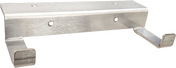 A metallic wall-mounted Wolf RACK HANGRV steel rack hanger with a brushed finish, featuring two protruding hooks at the bottom and two mounting holes at the top—ideal for secure commercial kitchen storage. The upturned ends keep items firmly in place.