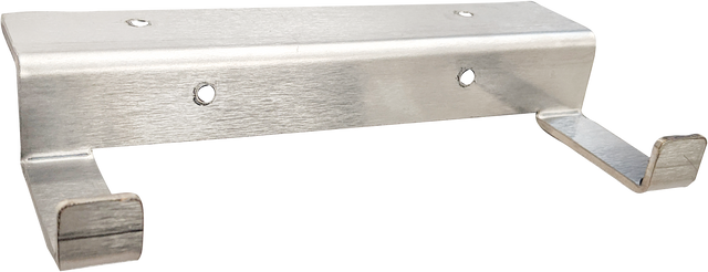 A metallic wall-mounted Wolf RACK HANGRV steel rack hanger with a brushed finish, featuring two protruding hooks at the bottom and two mounting holes at the top—ideal for secure commercial kitchen storage. The upturned ends keep items firmly in place.