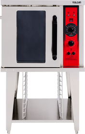A commercial stainless steel convection oven with a glass door and black handle on the left; a red and black control panel with knobs and buttons is on the right. The ENERGY STAR unit stands on a metal rack with multiple horizontal slots underneath.