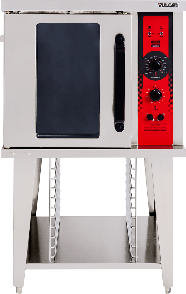 A stainless steel electric convection oven with a black glass door on the left and red control panel on the right, sitting on a metal stand with multiple shelf slots underneath. The brand name “Vulcan” appears at the top right.