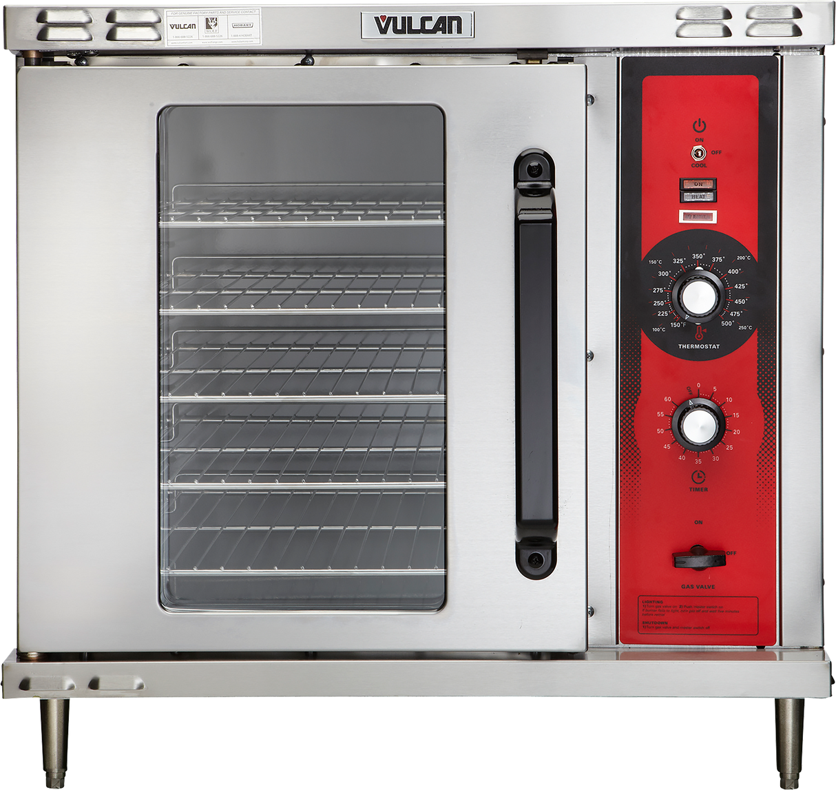 A Vulcan commercial half-size convection oven with a clear glass door reveals four wire racks inside. The red control panel on the right features temperature and timer knobs plus an on/off switch.