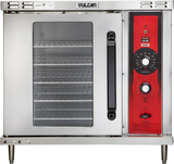A commercial stainless steel Vulcan convection oven with four interior racks, a large glass window on the door, and a red control panel featuring temperature and timer dials, switches, and indicator lights on the right side.
