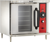 A stainless steel Vulcan commercial convection oven with a clear glass door showing six interior racks. The oven features a large black handle and a red control panel on the right side with temperature dials, timers, and indicator lights.