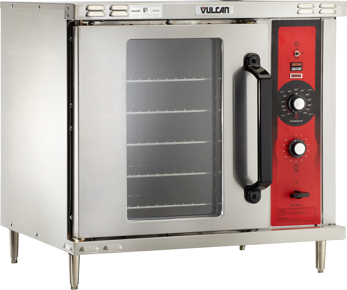 A commercial-grade Vulcan half-size convection oven with a stainless steel body, clear window door, black handle, and red control panel featuring temperature and timer dials, indicator lights, and oven setting buttons. Multiple wire rack positions visible inside.