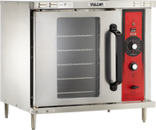 A commercial-grade Vulcan half-size convection oven with a stainless steel body, clear window door, black handle, and red control panel featuring temperature and timer dials, indicator lights, and oven setting buttons. Multiple wire rack positions visible inside.