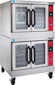 A double-deck Vulcan SG44 convection oven with stainless steel finish, glass doors, black handles, red control panels with dials, and wheels for easy mobility. Oven interiors feature racks for cooking multiple items at once. Vulcan branding is visible on both units.