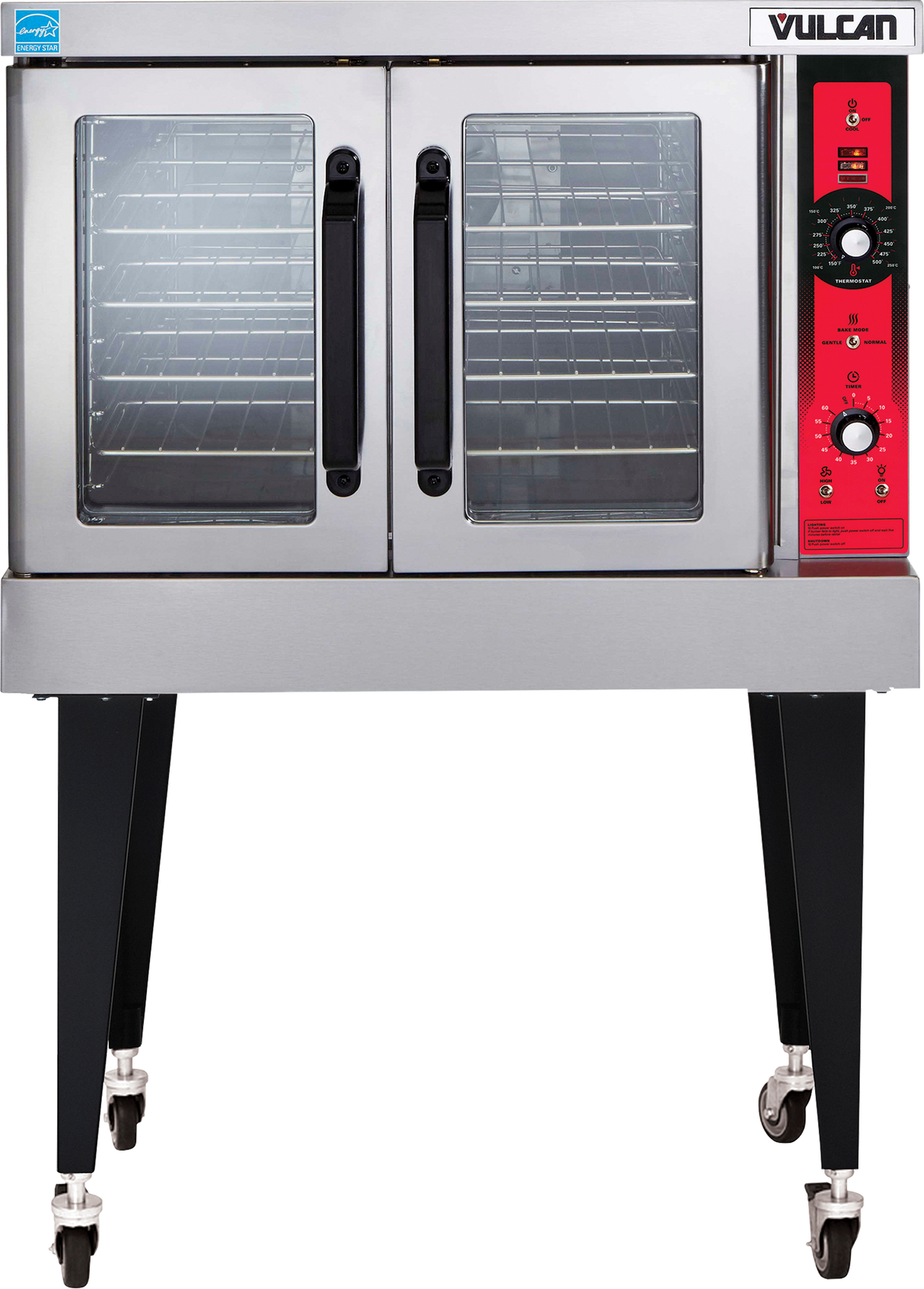 A Vulcan commercial gas convection oven with double glass doors, black handles, a red control panel on the right, four interior racks, and sturdy black legs on caster wheels. The Vulcan brand name is clearly visible on the top right.