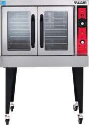 A Vulcan commercial gas convection oven with double glass doors, black handles, a red control panel on the right, four interior racks, and sturdy black legs on caster wheels. The Vulcan brand name is clearly visible on the top right.