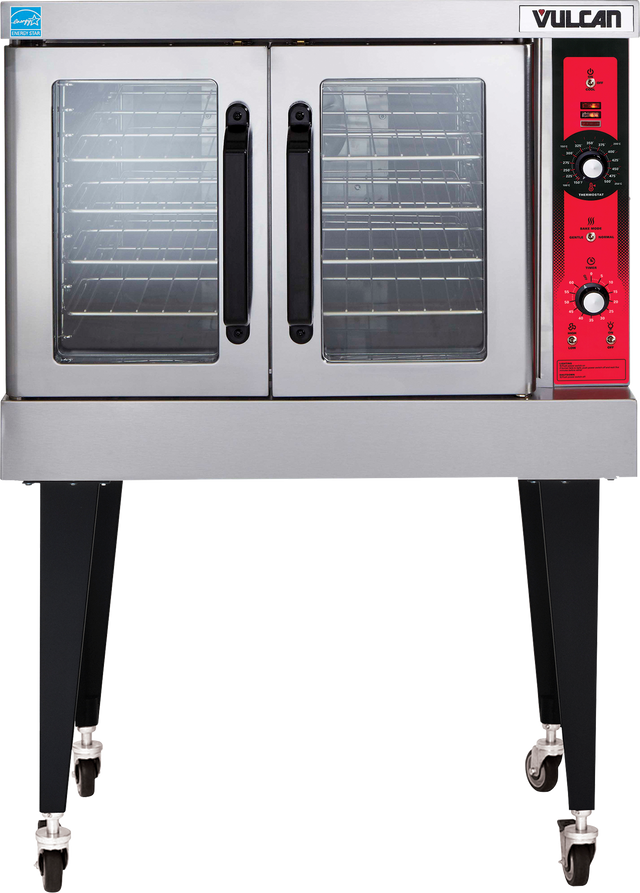 A Vulcan commercial gas convection oven with double glass doors, black handles, a red control panel on the right, four interior racks, and sturdy black legs on caster wheels. The Vulcan brand name is clearly visible on the top right.