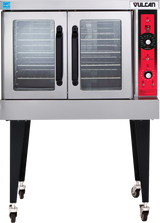A commercial stainless steel Vulcan SG4_LP convection oven featuring two glass doors, black handles, wire racks inside, a red control panel with dials on the right, and four wheeled black legs for mobility.