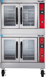 A double-deck gas convection oven with stainless steel doors, black handles, and large glass windows showing racks inside. The red control panels feature dials, switches, and a thermometer. The unit is on wheels for easy mobility.