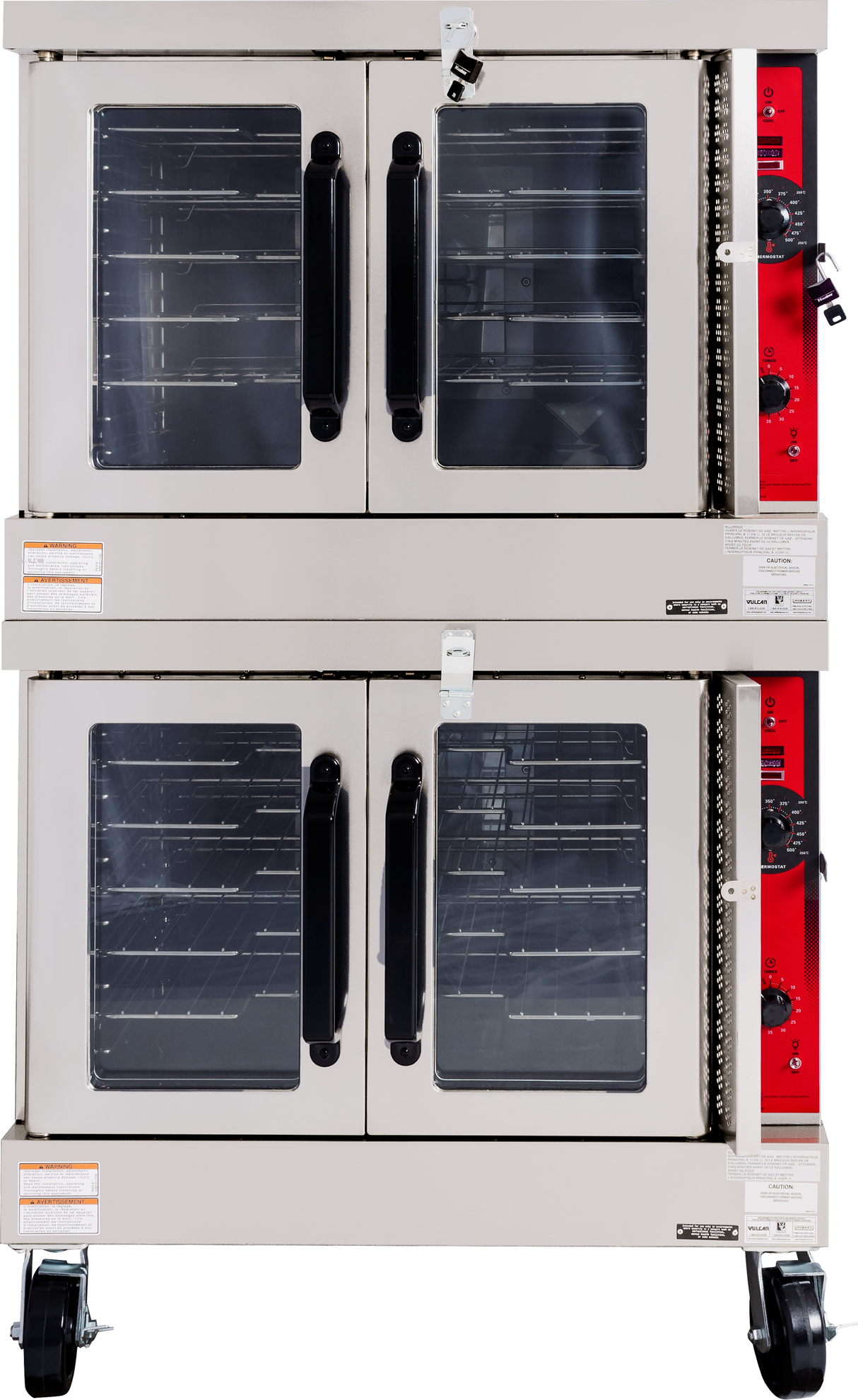 A double-deck gas convection oven featuring two pairs of glass-paneled doors, black handles, metal racks inside, and red control panels on the right side. The unit is equipped with wheels and safety labels on the front.