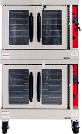 A double-deck gas convection oven featuring two pairs of glass-paneled doors, black handles, metal racks inside, and red control panels on the right side. The unit is equipped with wheels and safety labels on the front.