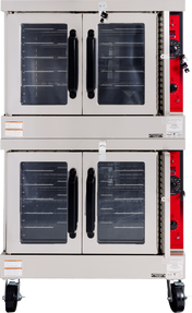 A double-deck gas convection oven with four glass-fronted doors, black handles, metal exterior, and red control panels on the right side. Each oven features dials, switches, multiple wire racks inside, and convenient wheels for mobility.