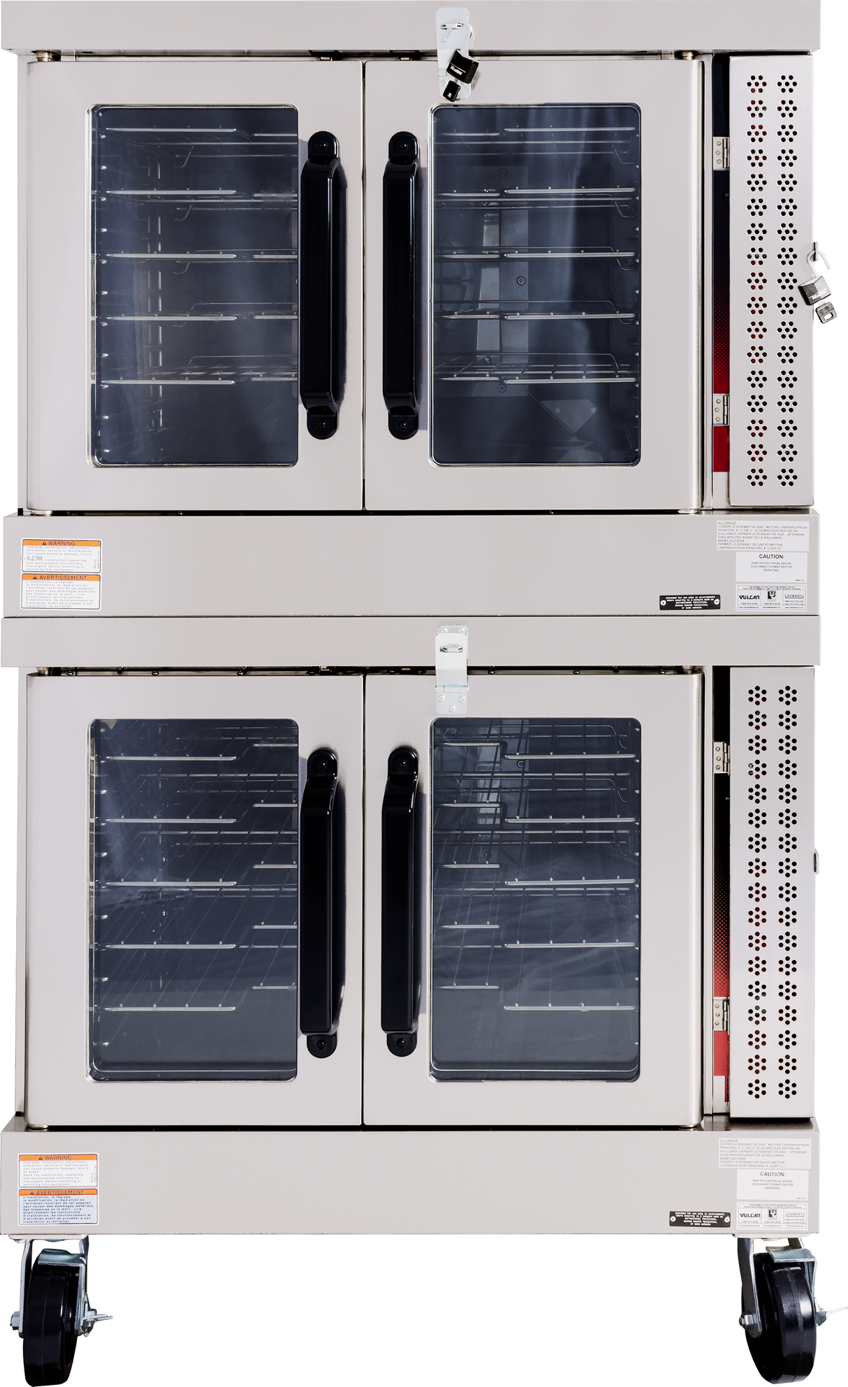 An ENERGY STAR commercial stainless steel double-deck gas convection oven featuring four glass-front doors, black handles, control panels on the right, multiple wire shelves inside, locking latches on each door, and wheels for easy mobility.