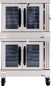 An ENERGY STAR commercial stainless steel double-deck gas convection oven featuring four glass-front doors, black handles, control panels on the right, multiple wire shelves inside, locking latches on each door, and wheels for easy mobility.