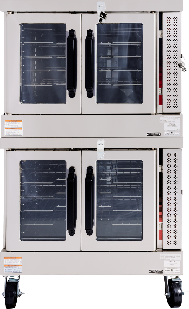 An ENERGY STAR commercial stainless steel double-deck gas convection oven featuring four glass-front doors, black handles, control panels on the right, multiple wire shelves inside, locking latches on each door, and wheels for easy mobility.
