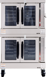 A double-deck gas convection oven with four glass doors, black handles, metal exterior, vented side panels, and mounted on wheels. Interior racks are visible through the glass, and caution labels are placed on the front.