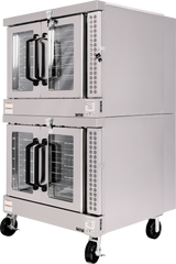 A commercial gas double-deck convection oven with a stainless steel exterior, four glass doors with black handles, and ventilation panels, mounted on caster wheels. Interior wire racks and control knobs are visible on the right side.