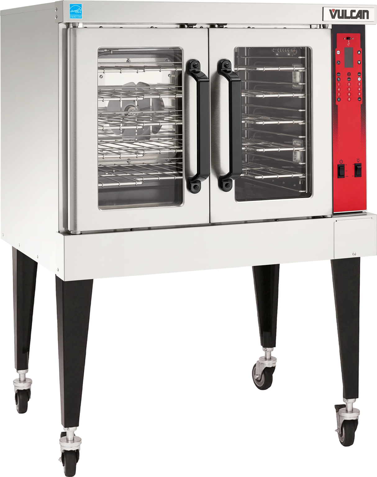 A commercial stainless steel Vulcan single-deck electric convection oven on wheels, featuring a red control panel on the right, two glass doors with black handles, and wire oven racks visible inside. The oven stands on four black legs with casters.
