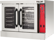 A stainless steel Vulcan electric single-deck convection oven with two glass double doors, black handles, multiple interior racks, a red digital control panel with buttons and display, and two black switches at the bottom right.