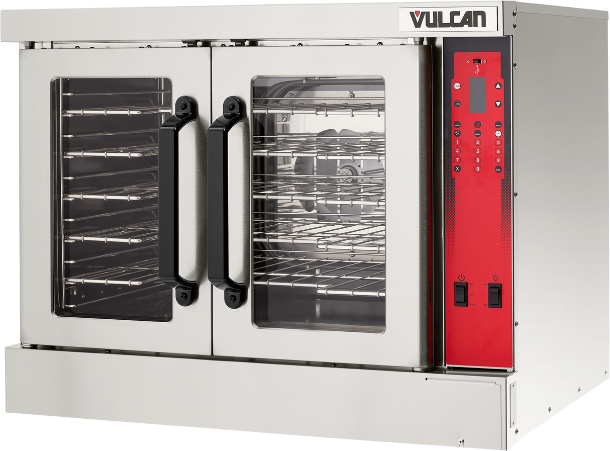 A commercial stainless steel Vulcan single-deck electric convection oven with two glass-paneled doors, black handles, visible metal racks inside, and a red control panel featuring buttons, a display screen, and switches on the right side.
