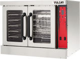 A commercial stainless steel Vulcan single-deck electric convection oven with two glass-paneled doors, black handles, visible metal racks inside, and a red control panel featuring buttons, a display screen, and switches on the right side.