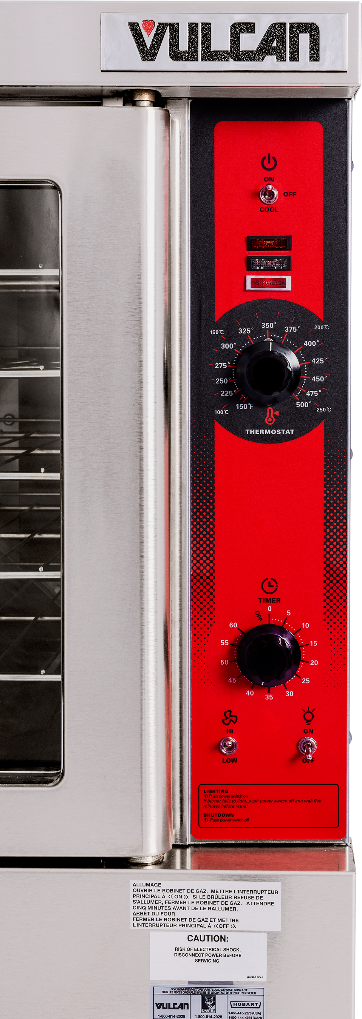 Close-up of a Vulcan commercial convection oven control panel. The mainly red and black panel features temperature and timer knobs, power buttons, indicator lights, and labeled buttons. The ENERGY STAR-rated oven door and wire shelves are visible on the left.