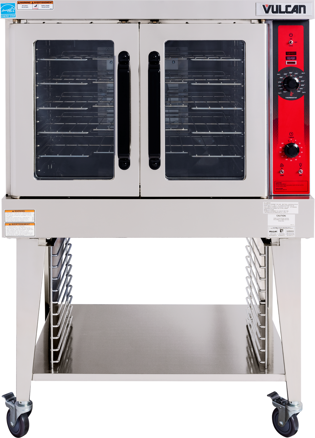 A commercial stainless steel gas convection oven on wheels, with a red control panel displaying dials and buttons. This single-deck Vulcan oven features interior racks for trays and an open storage shelf below.