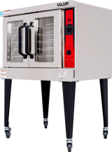 An ENERGY STAR commercial Vulcan convection oven with double glass doors, black handles, and red control panel on the right, stands on four black legs with locking caster wheels—ideal for professional kitchen use.
