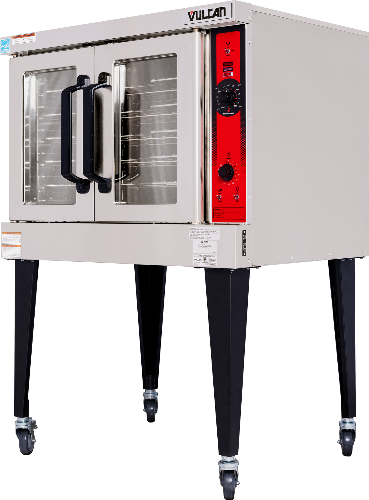 A commercial Vulcan single-deck convection oven with two glass doors, red control panel on the right featuring a dial and buttons, stainless steel body, and four black legs on locking caster wheels. Multiple racks are visible inside.