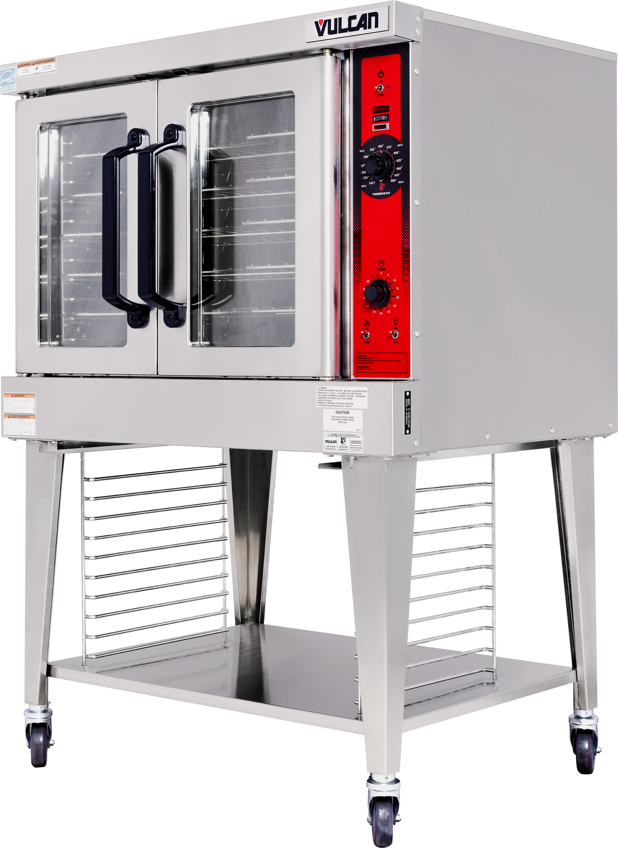 A commercial stainless steel Vulcan convection oven with a red control panel, two black-handled glass doors, ENERGY STAR certification, four wheeled legs, a lower storage shelf, and multiple interior racks visible through the glass.