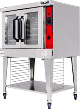 A commercial stainless steel convection oven with a glass double door, black handles, and a red control panel on the right. This single-deck, gas-powered unit stands on tall legs with shelves below and wheels. The brand name “Vulcan” appears at the top.