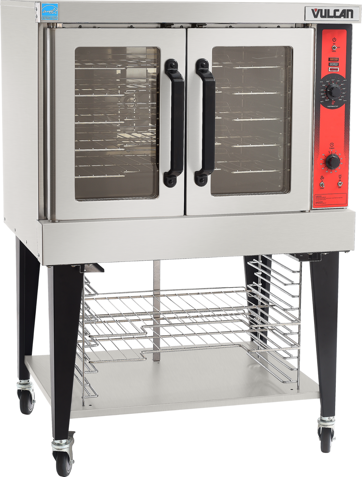 The Vulcan VC4GD is a commercial stainless steel gas single-deck convection oven featuring double glass doors, black handles, a red control panel on the right, shelves inside, four wheeled legs, and a rack below for extra storage.