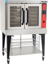 A commercial single-deck gas convection oven with double glass doors, black handles, and a red control panel on the right. It stands on black metal legs with wheels and features a lower storage rack and multiple interior shelves.