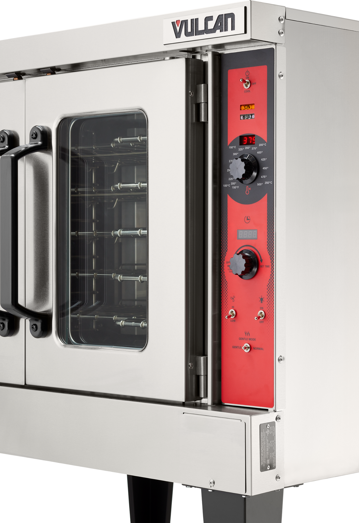 A stainless steel Vulcan electric single-deck convection oven with a glass door reveals metal racks inside. The right side features a red control panel with dials, buttons, a digital display, and indicator lights. ENERGY STAR certified, it stands on black legs.